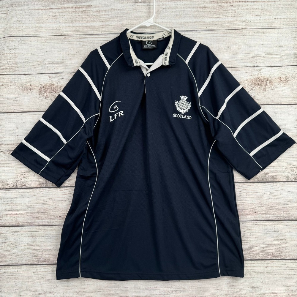 Live For Rugby Scotland Polo Shirt Mens XL Navy Blue Short Sleeve Embroidered